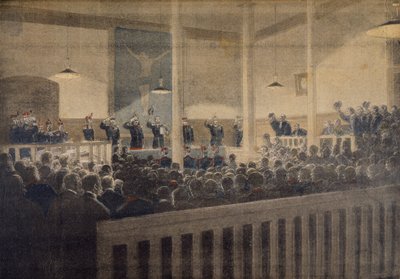 El juicio militar del Mayor Esterhazy, leyendo la decisión, ilustración del suplemento ilustrado de Le Petit Journal, 23 de enero de 1898 de French School